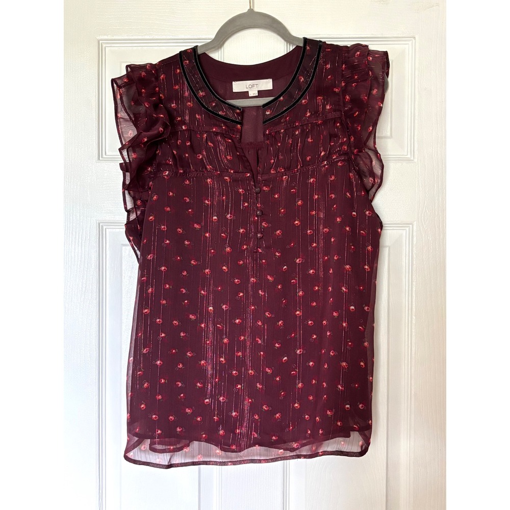 Loft Burgundy Floral Metallic Stripe Ruffle Sleeve Blouse Velvet Trim Large